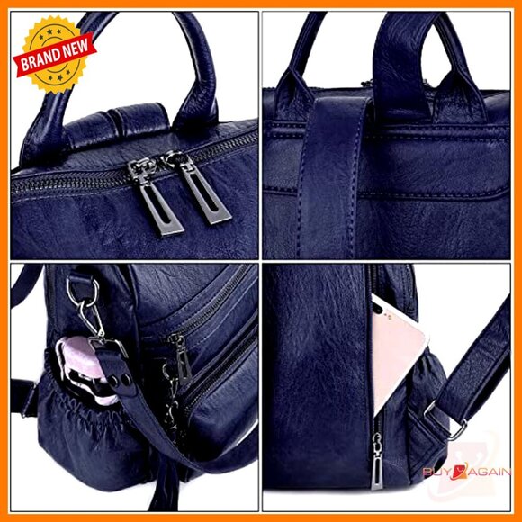 Large Vegan Leather Backpack with Laptop Compartment and Multiple Pockets